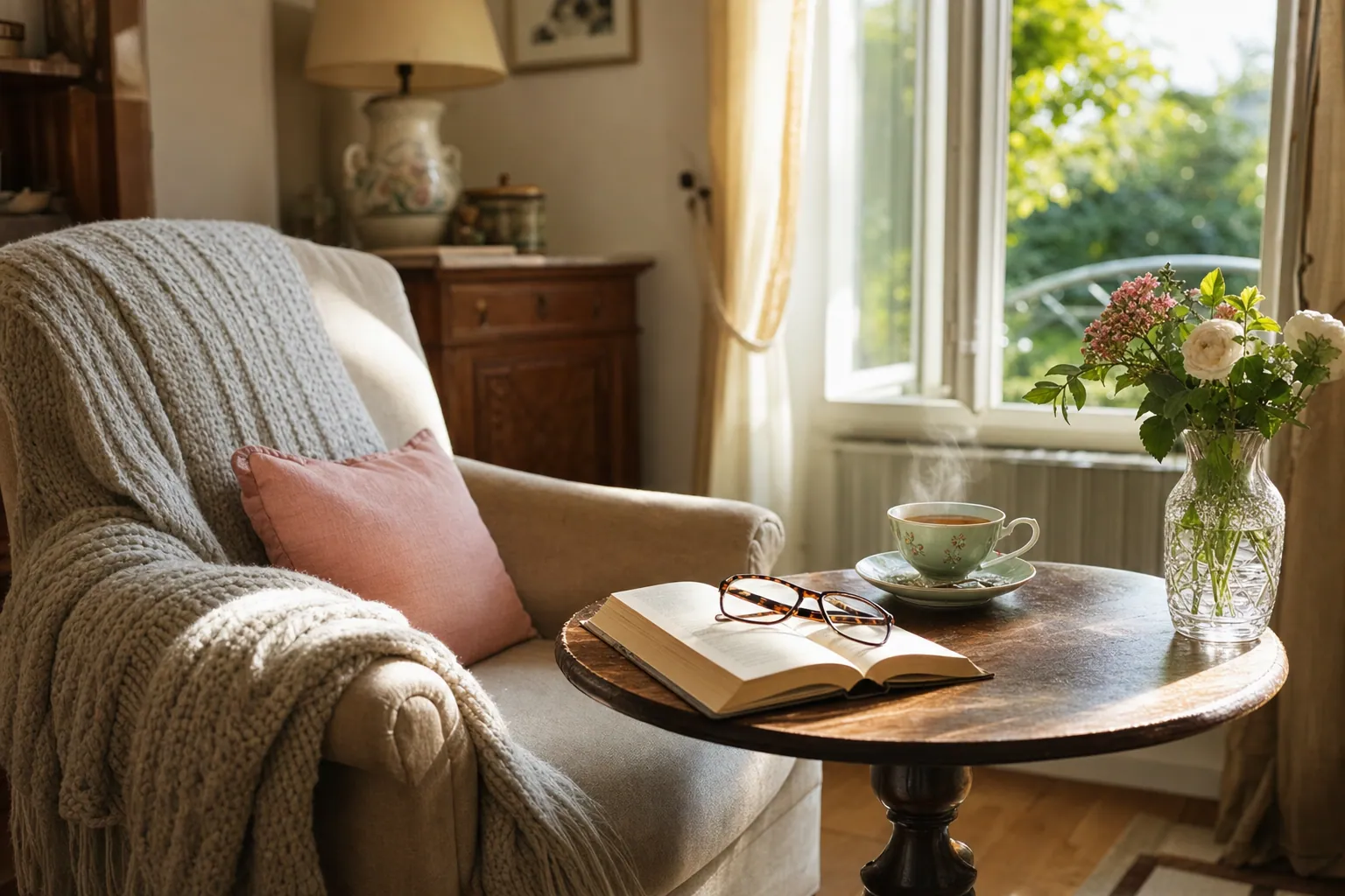 Un salon chaleureux au Mans : fauteuil, plaid tricoté, tasse de thé et lumière du matin