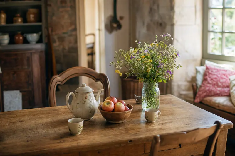 Table de ferme sarthoise avec théière, tasses et fleurs des champs